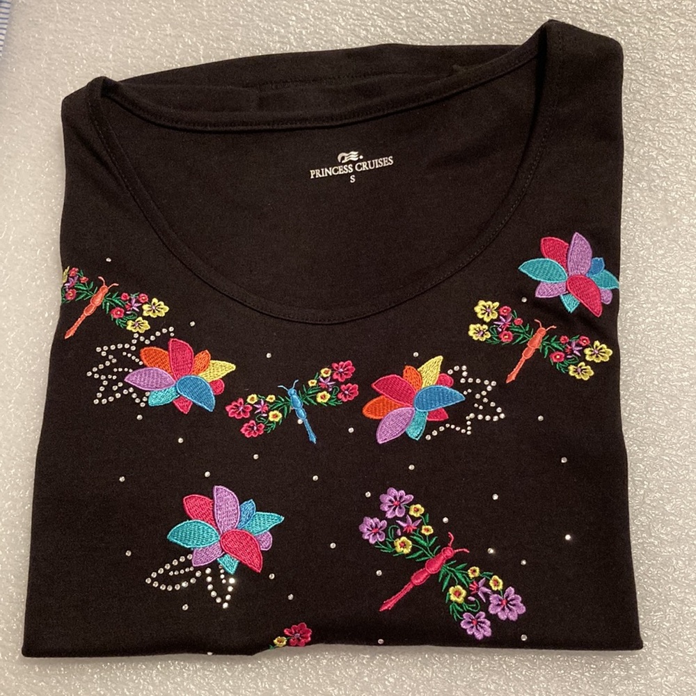 Princess Ladies Black Short Sleeve T Embroidered Floral Stitching & Crystals - S